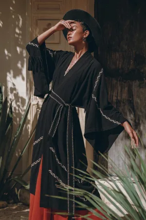 Black Organic Poncho • Tribal Cotton Robe • Hand Embroidered Overcoat