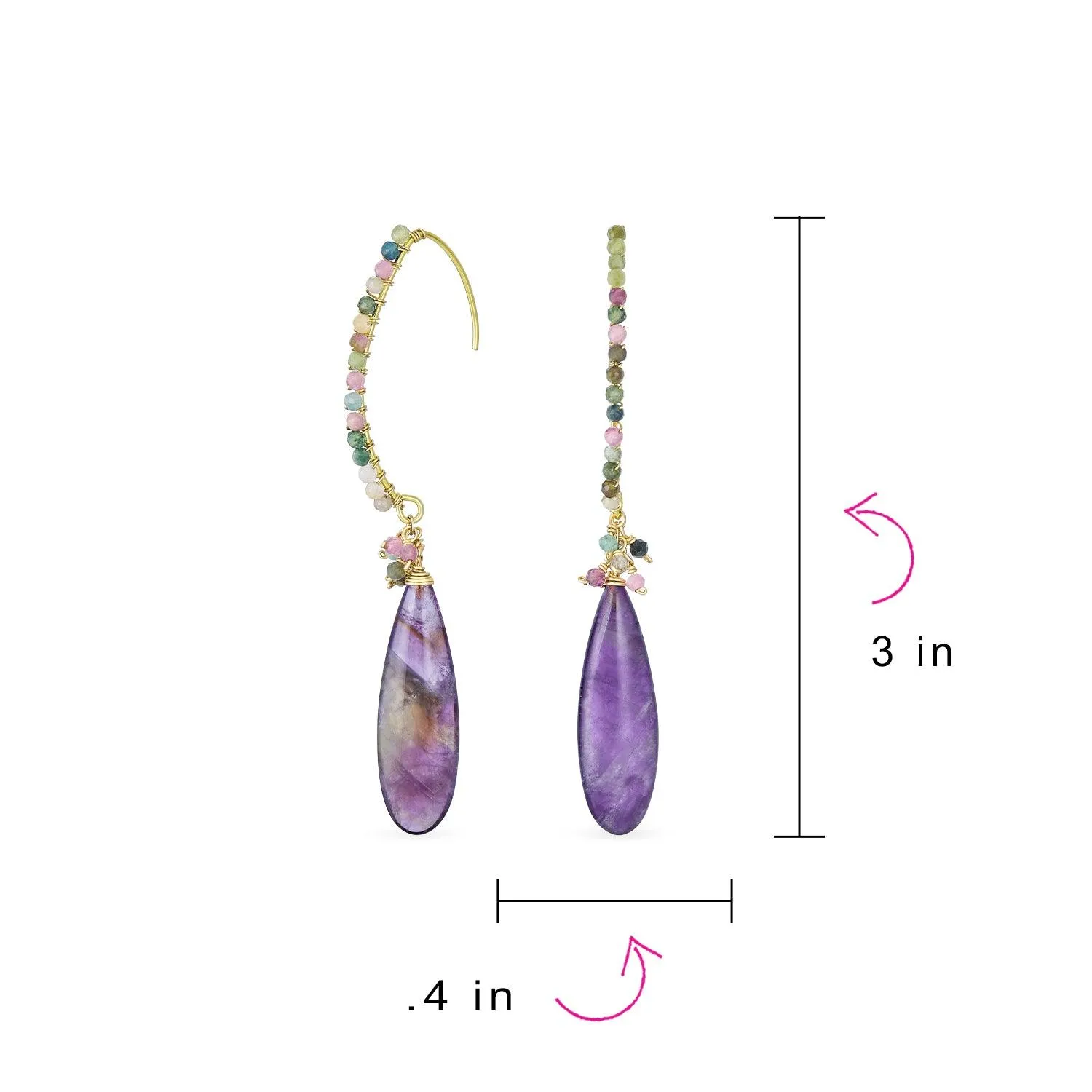 Boho Gemstone Cluster Bead Long Teardrop Dangle Earrings Gold Plated