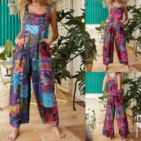 Bonnyshow Women Ethnic Style  Jumpsuits Summer Overalls Multicolor  Square Neck Sleeveless Casual Rompers with Pockets for Girls Playsuit