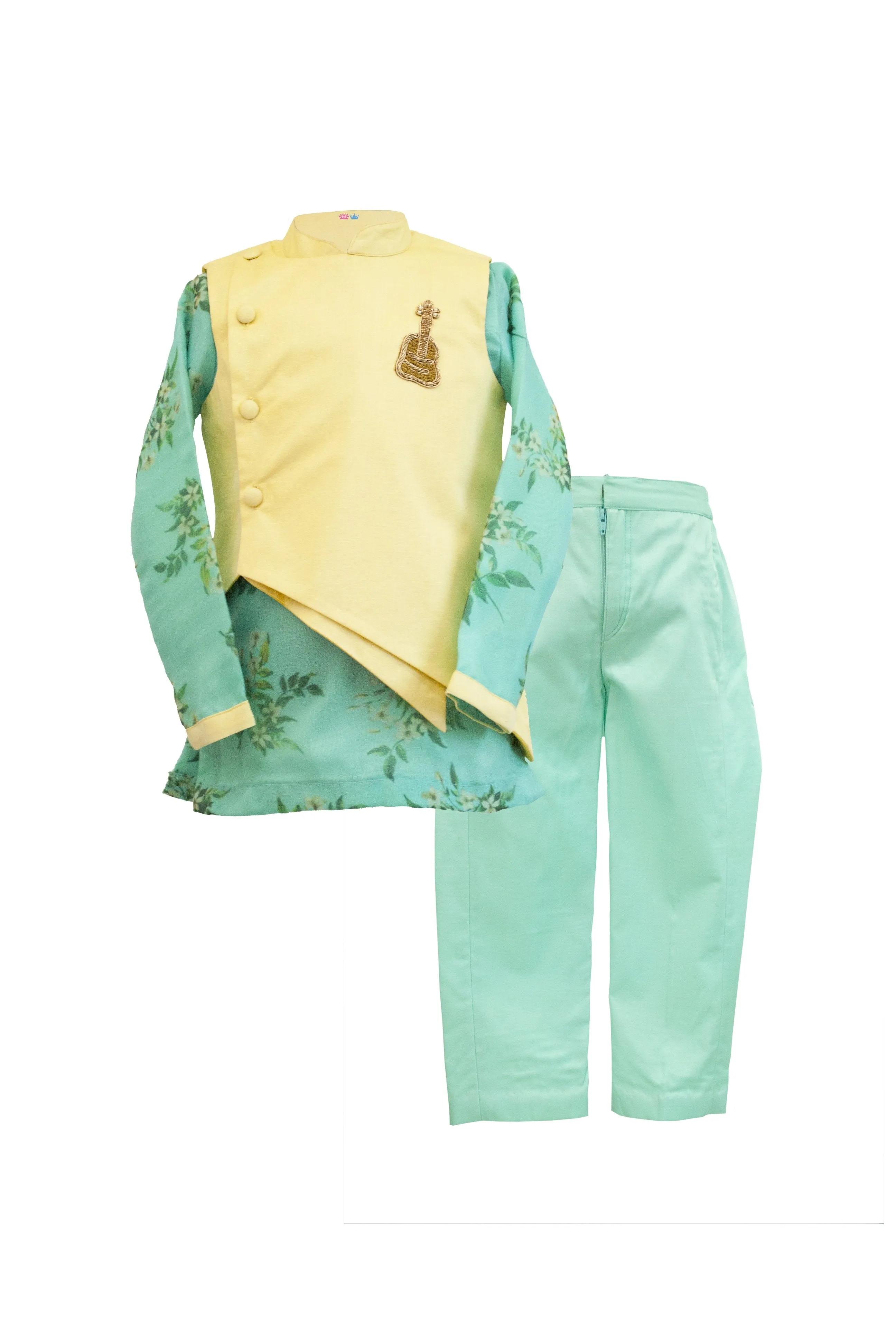 Boys organza kurta with green pants and off white cape jacket