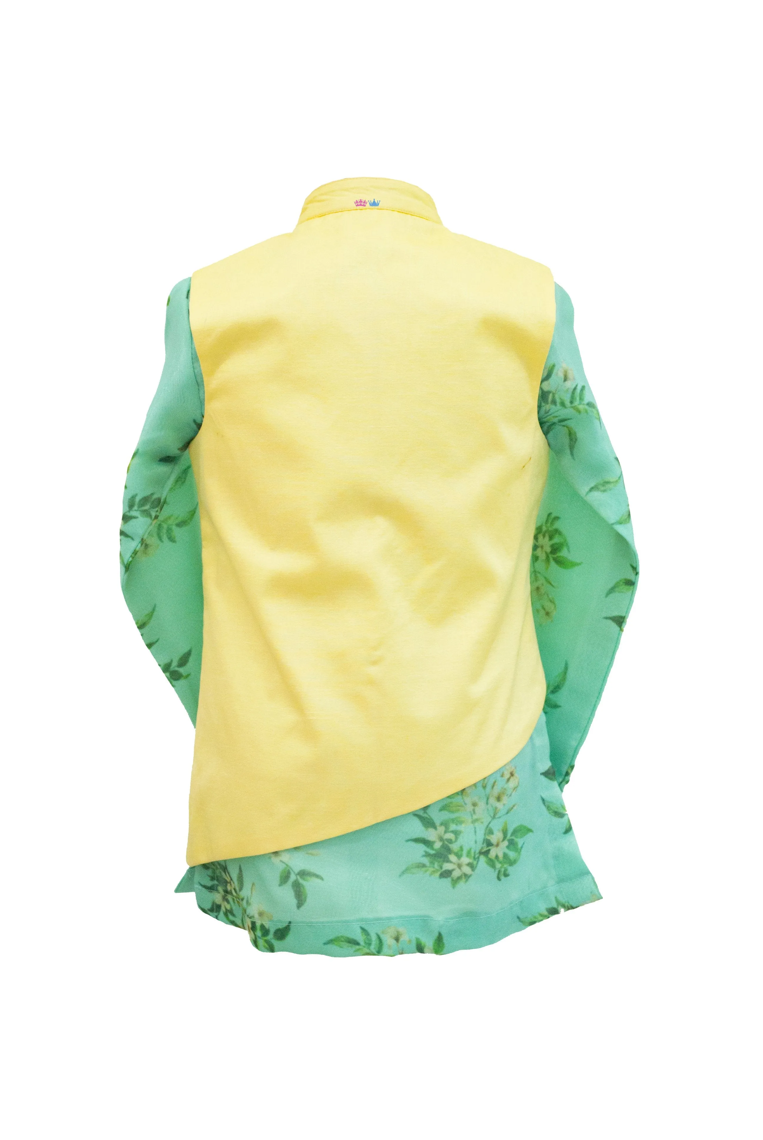 Boys organza kurta with green pants and off white cape jacket