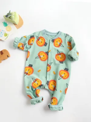 BRIGHT EARTHY BABY Green Lions Cotton Long-Sleeve Romper