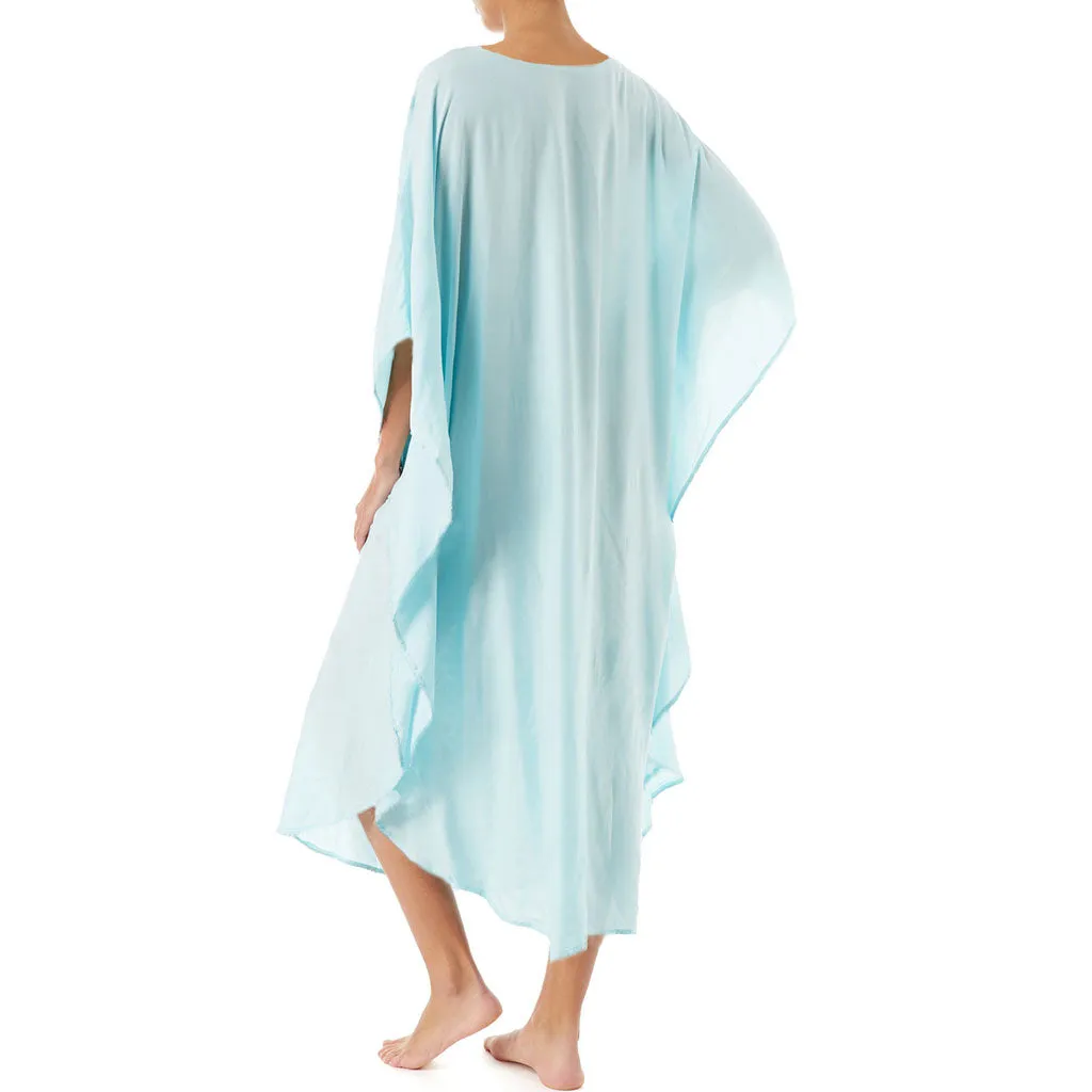 Casual Ethnic Print V Neck Batwing Sleeve Maxi Cover Up - Teal