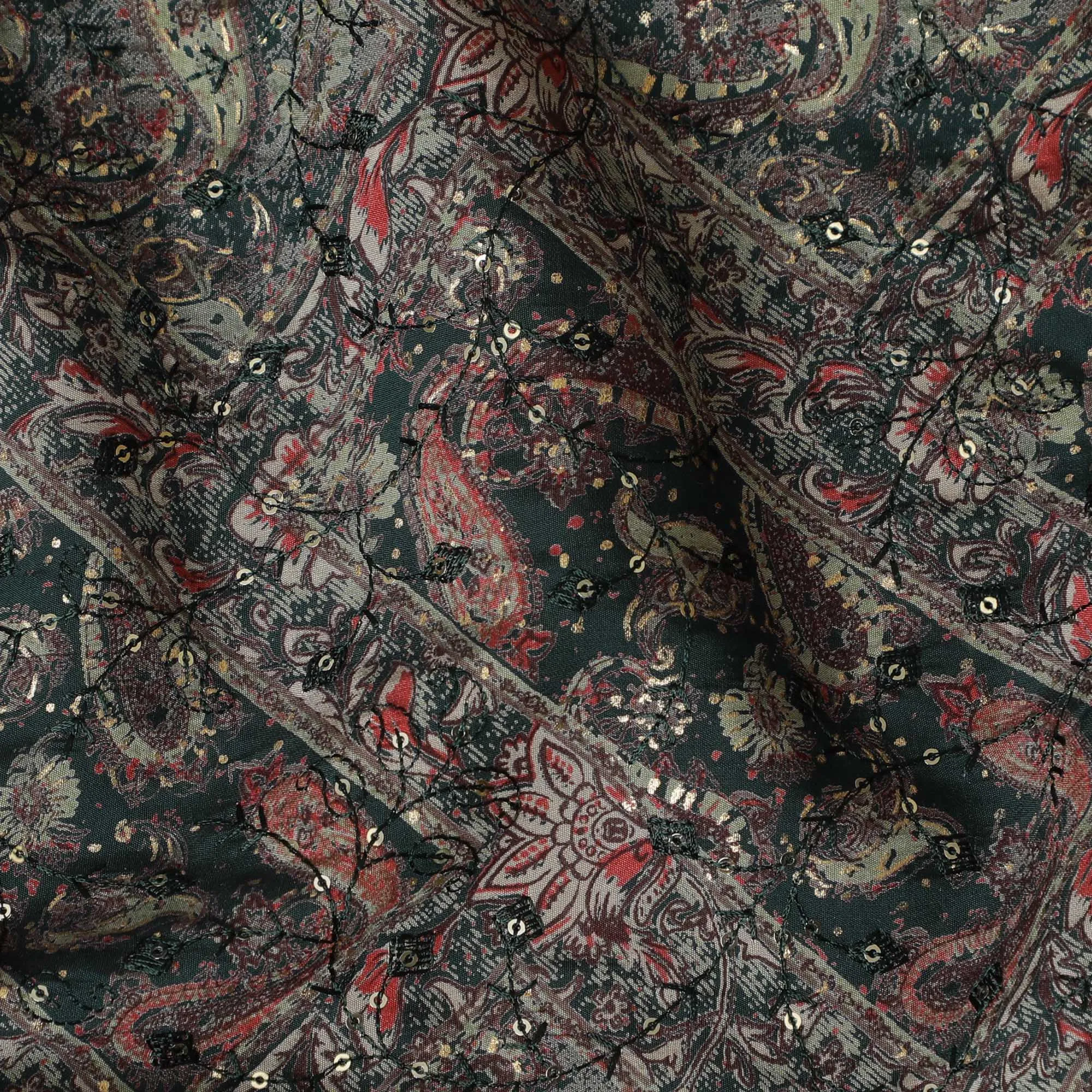 Charcoal Elegance Embroidered Cotton Blend Fabric - Traditional Motifs, 110cm Width-D18960