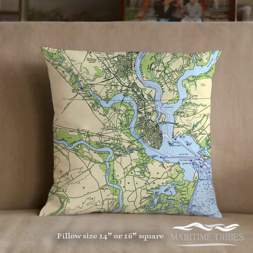 Charleston SC Nautical Chart 16 Inch Pillow