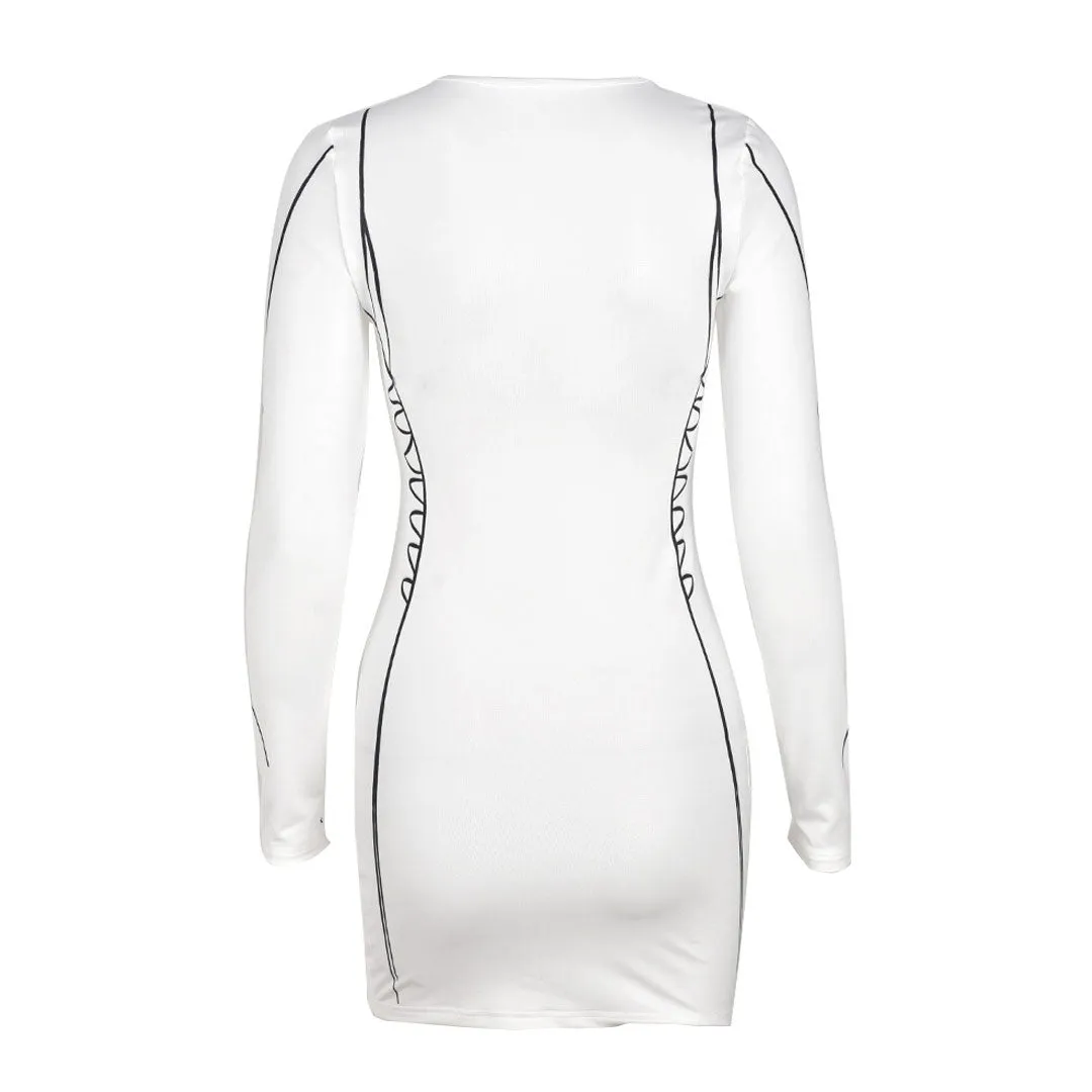 Chic Long Sleeve Contour Drawn Print Bodycon Mini Dress - White