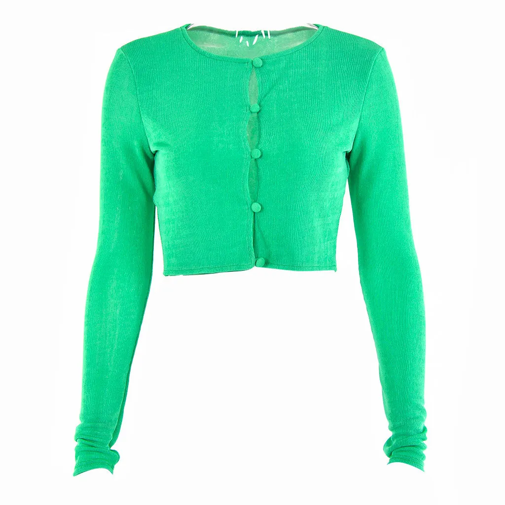 Chic Round Neck Button Up Long Sleeve Crop Top - Green