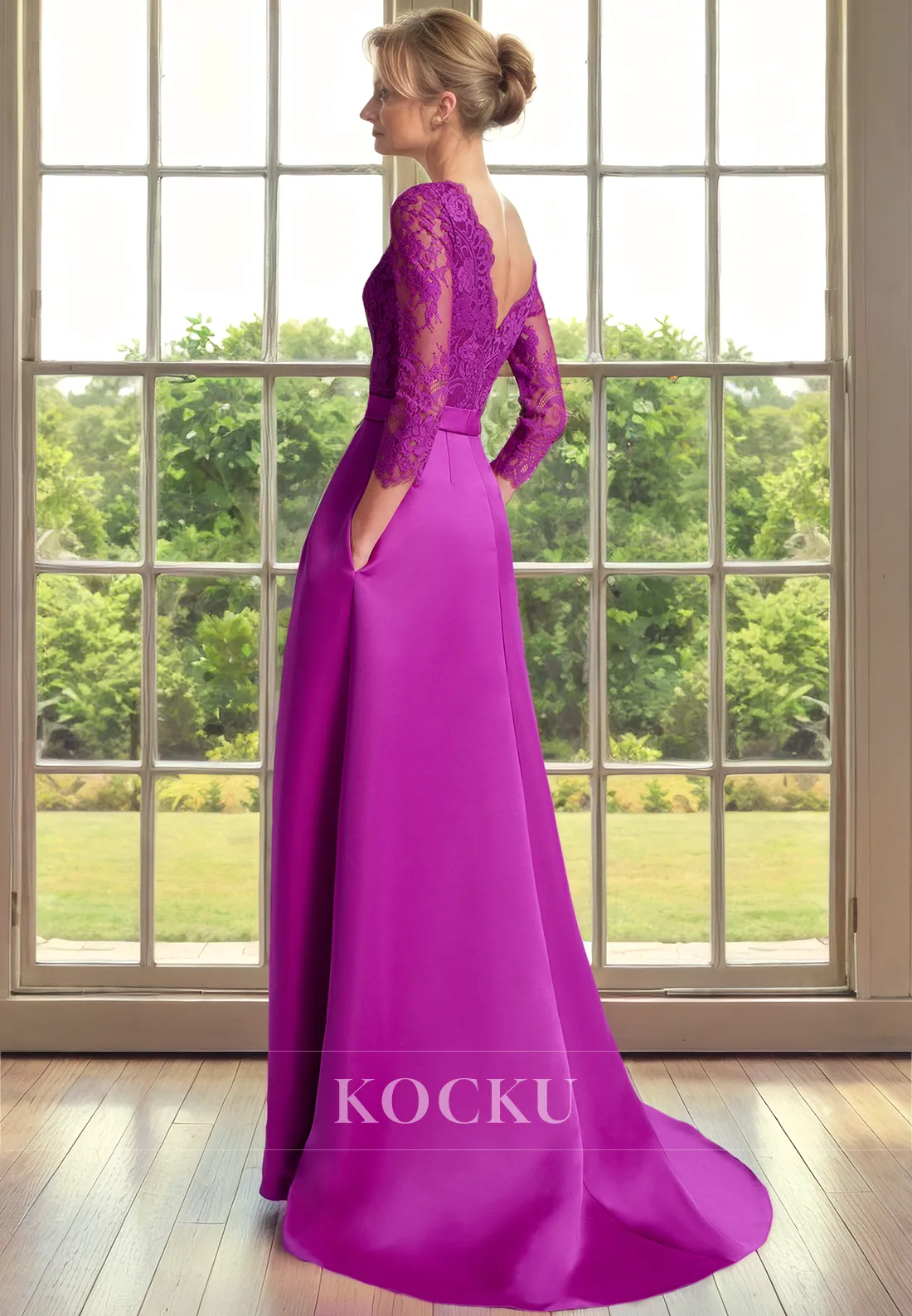 Couture & Ornate Scoop Long sleeves A-Line Printed Belt Cocktail Mother of the Bride Dress