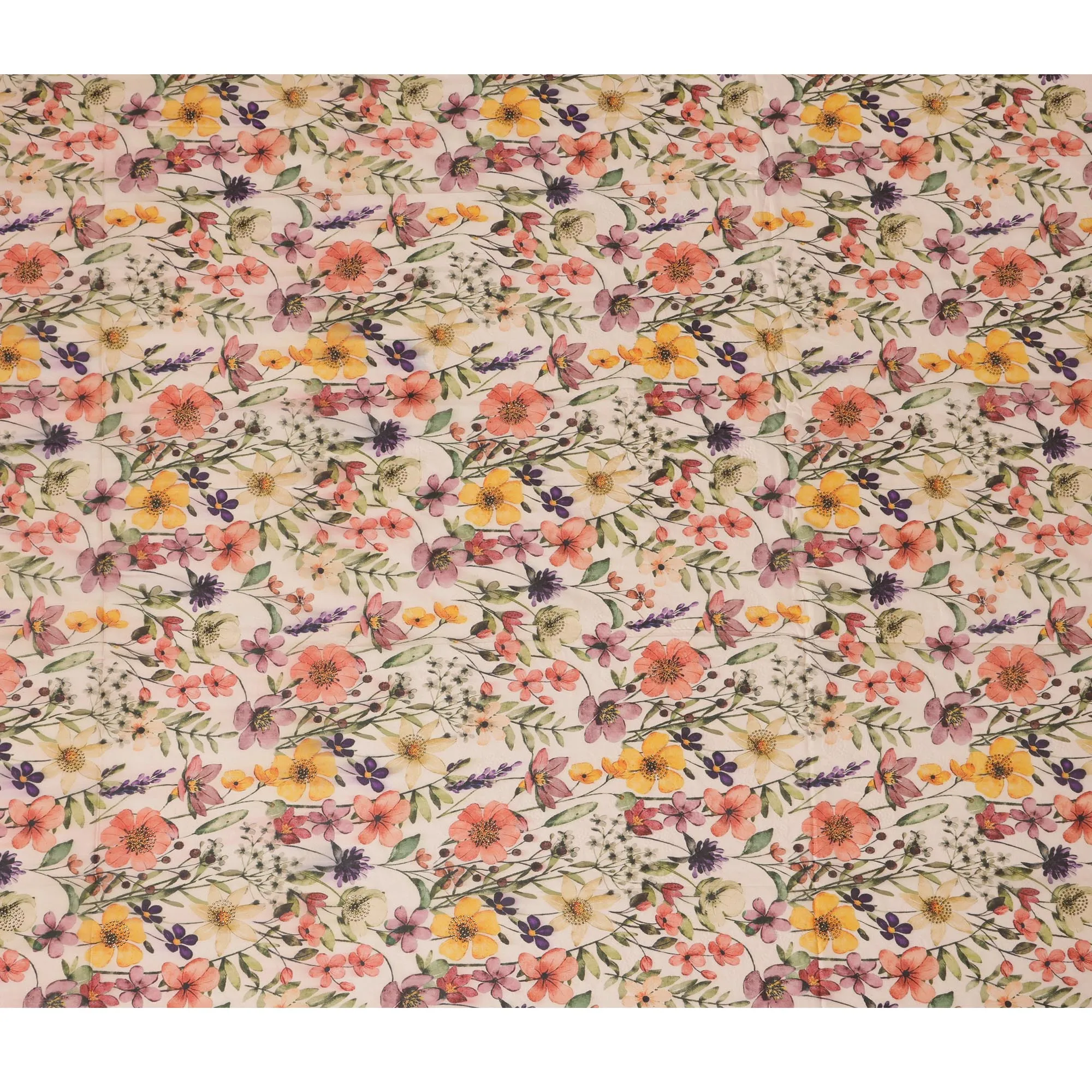 Cream Synthetic Viscose Fabric with Multicolor Floral Print and Stone Work, 110 cm Width-D20583