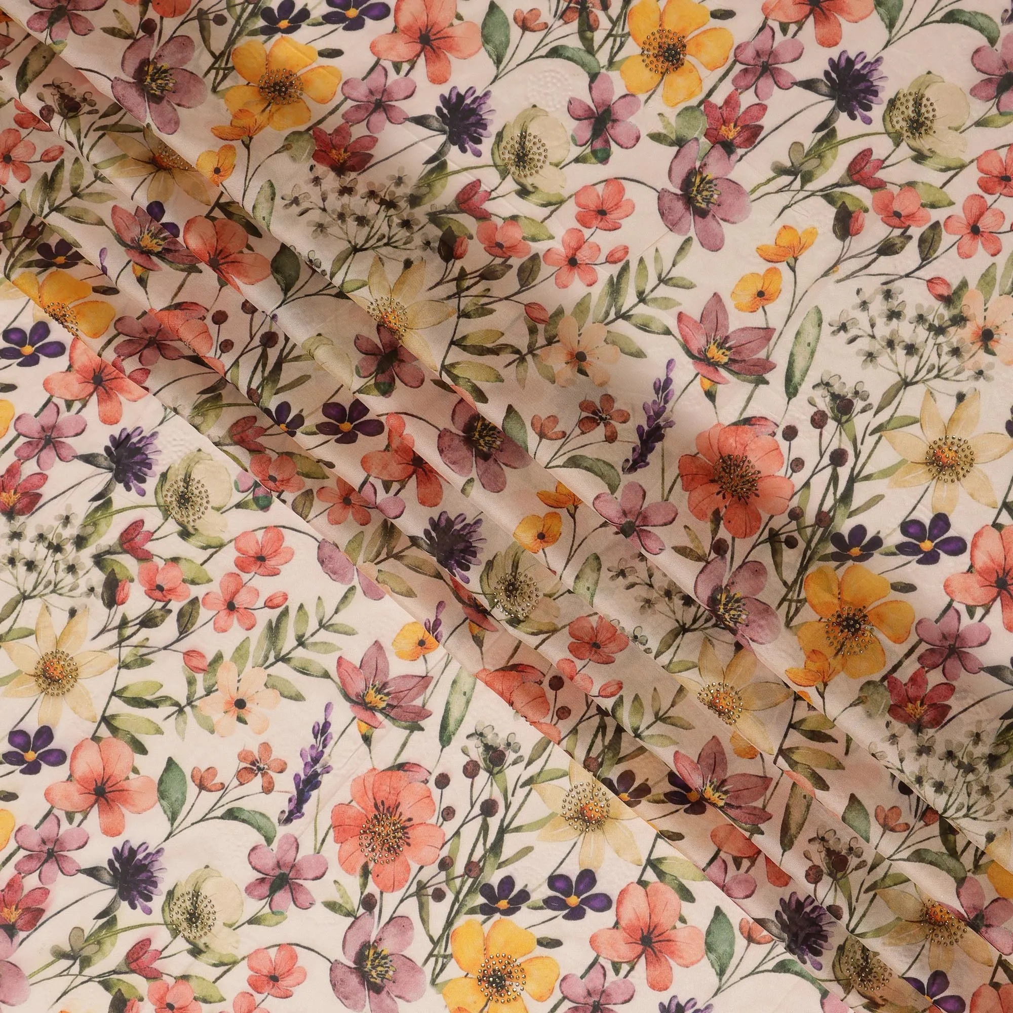 Cream Synthetic Viscose Fabric with Multicolor Floral Print and Stone Work, 110 cm Width-D20583