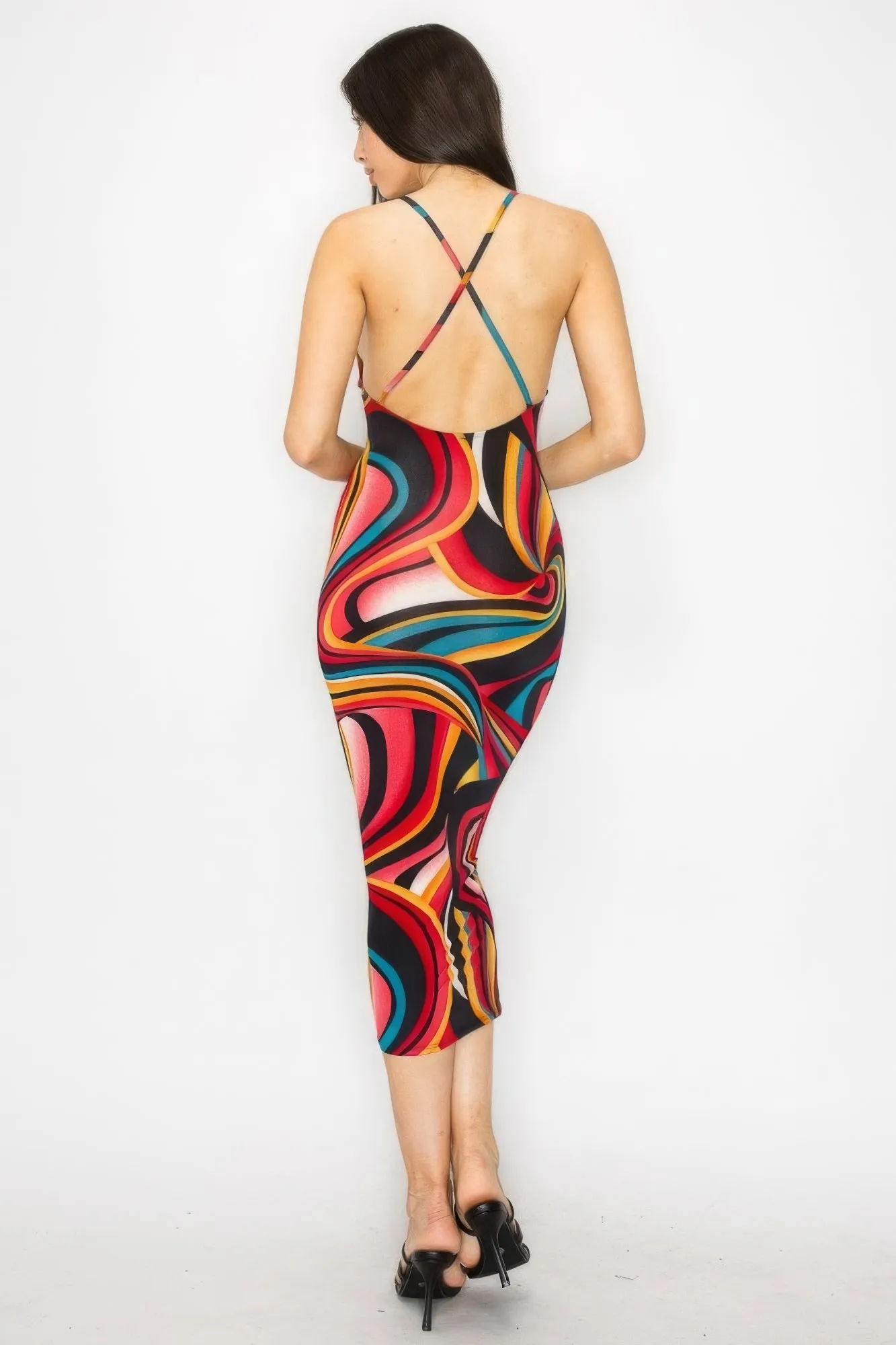 Crossed Back Marble Print Multicolor Midi Dress