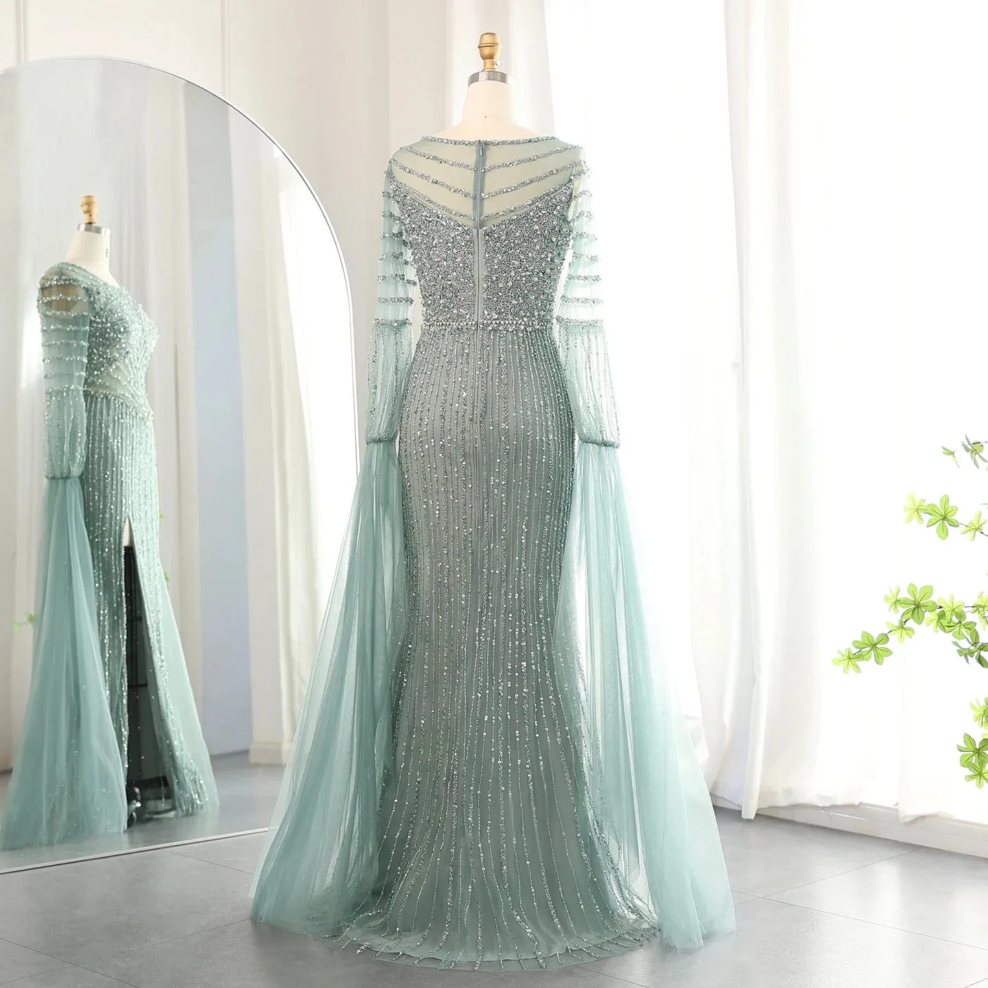 Crystal Beaded Cape Sleeve Evening Dress