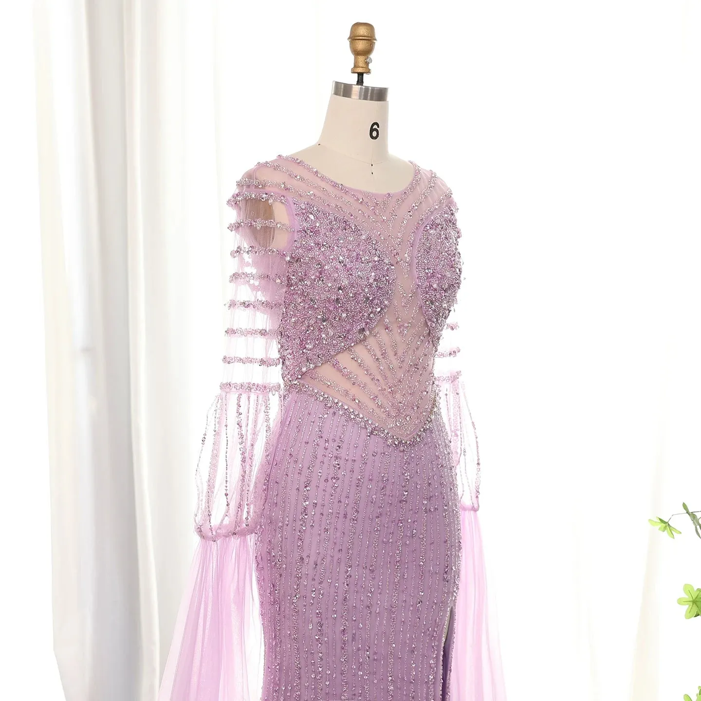 Crystal Beaded Cape Sleeve Evening Dress