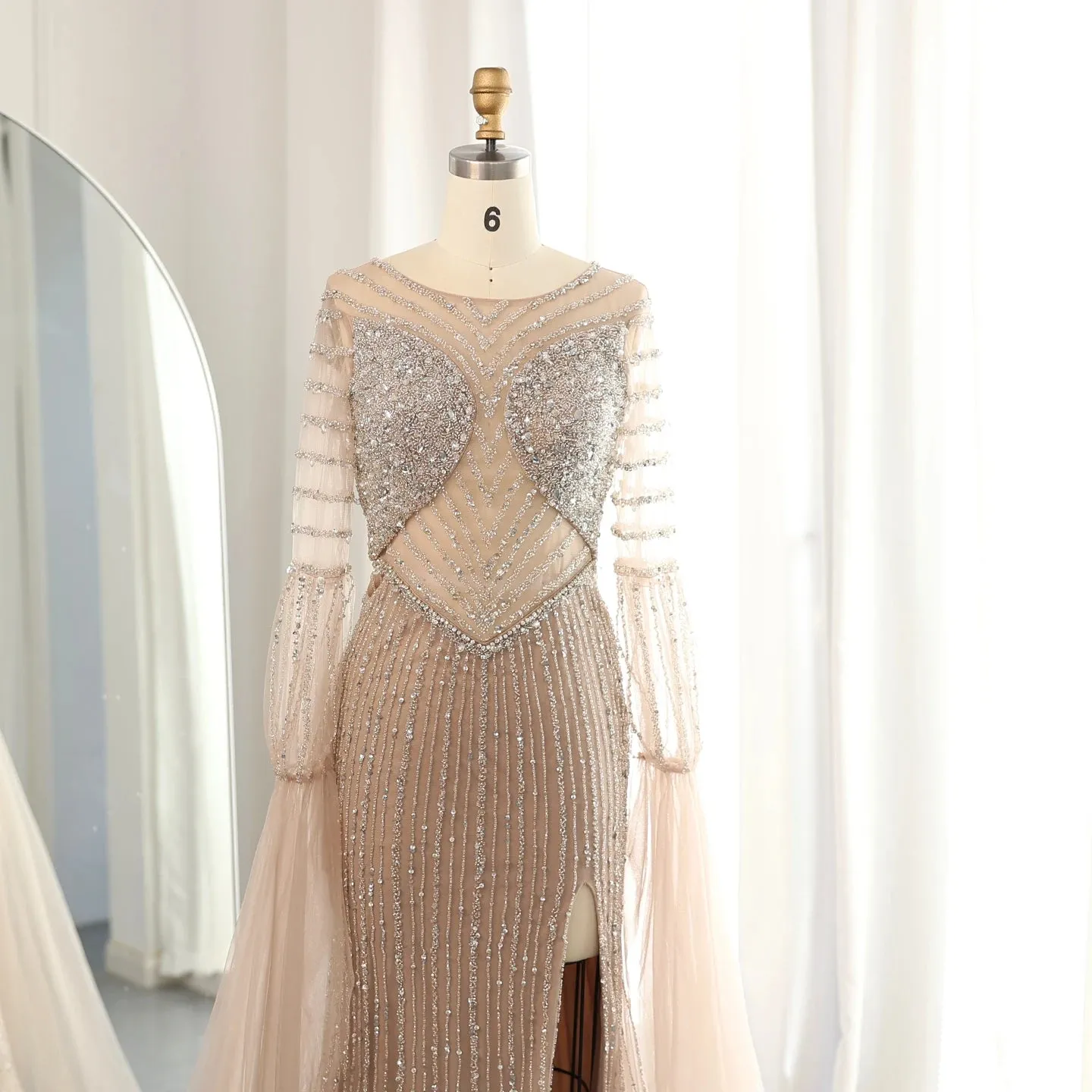 Crystal Beaded Cape Sleeve Evening Dress