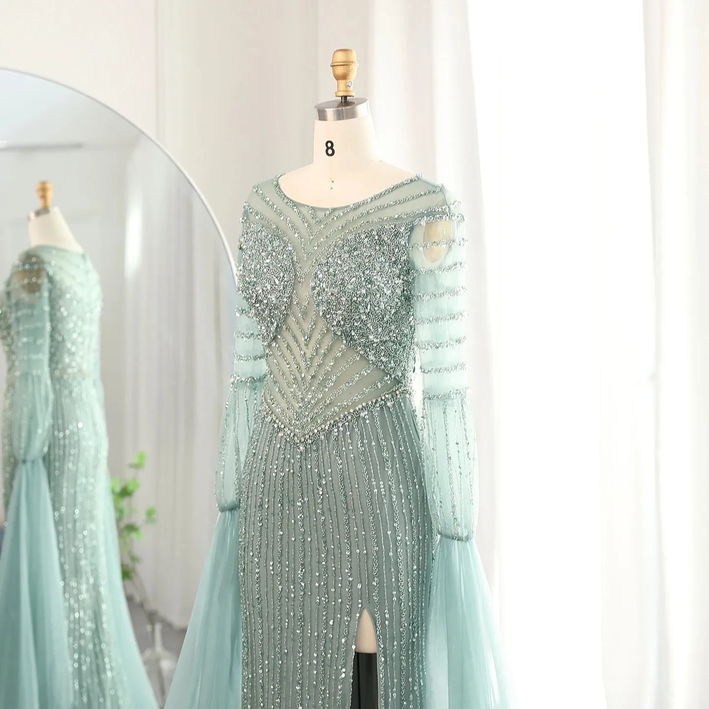 Crystal Beaded Cape Sleeve Evening Dress