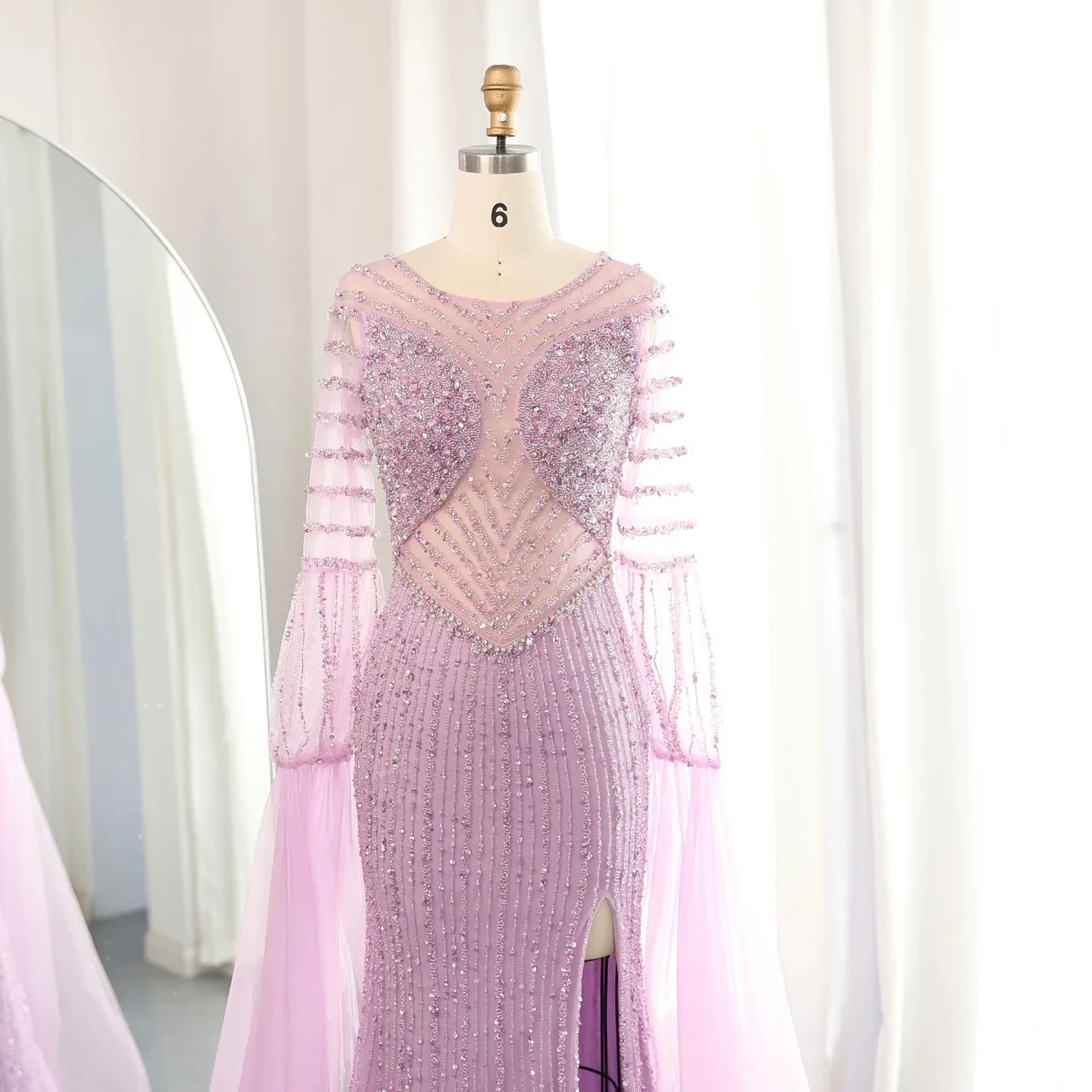 Crystal Beaded Cape Sleeve Evening Dress