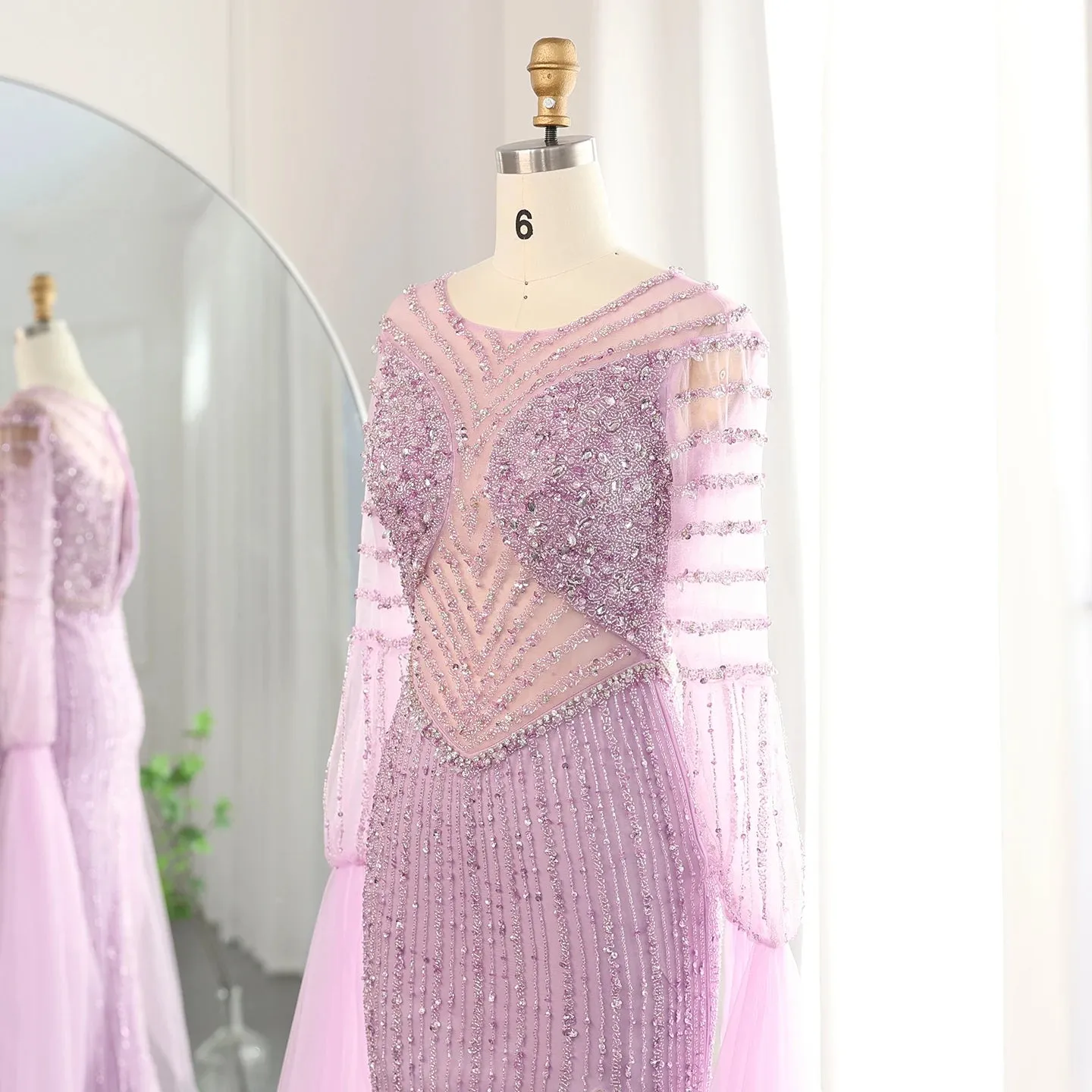 Crystal Beaded Cape Sleeve Evening Dress