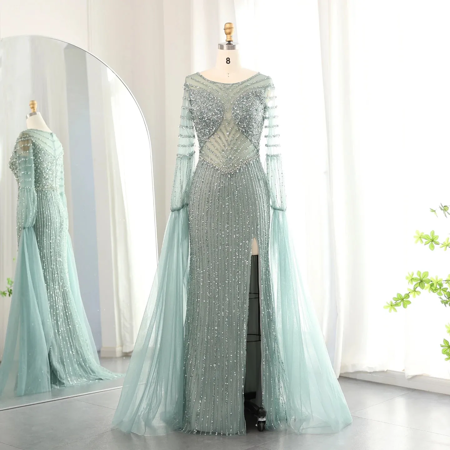 Crystal Beaded Cape Sleeve Evening Dress