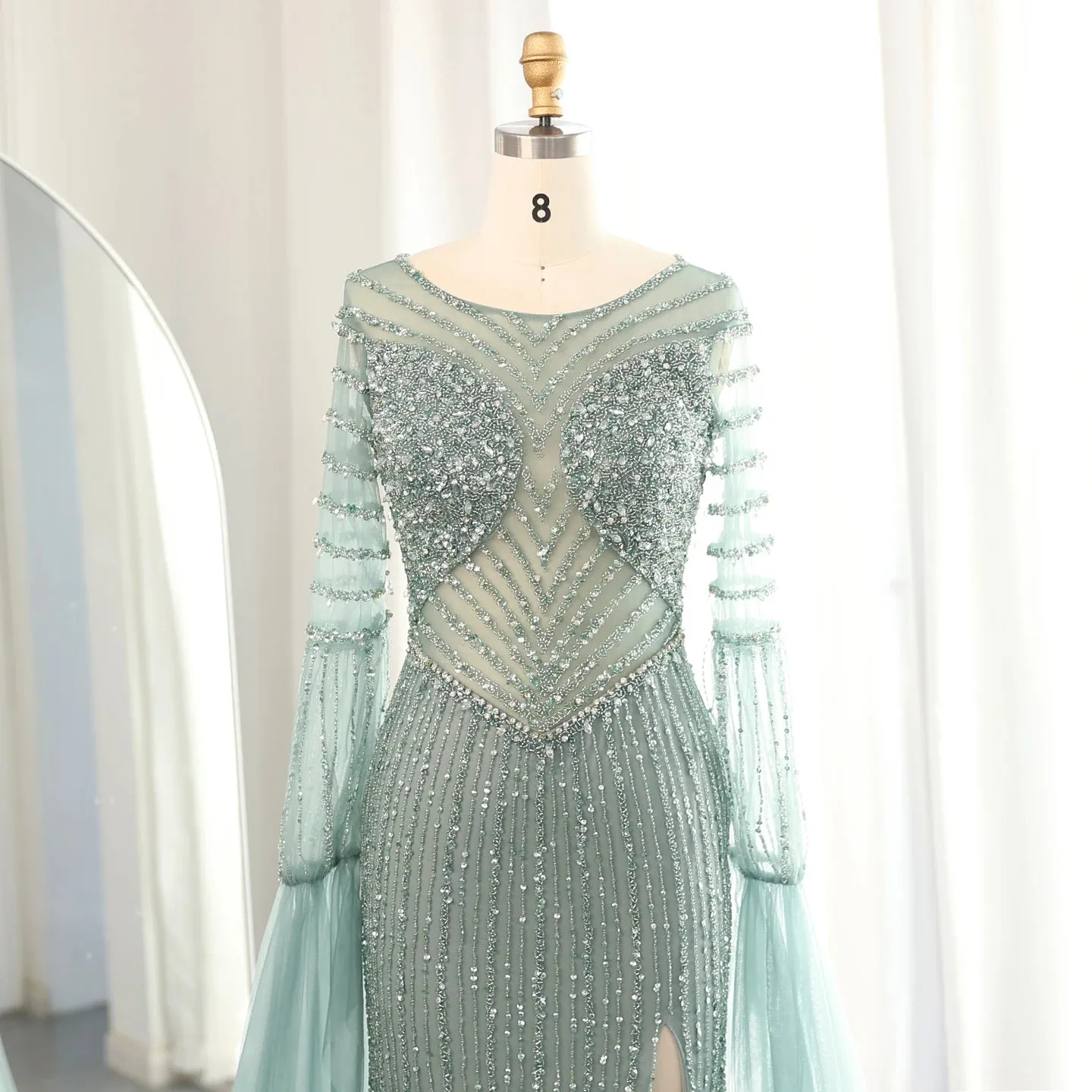 Crystal Beaded Cape Sleeve Evening Dress