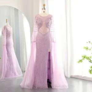 Crystal Beaded Cape Sleeve Evening Dress