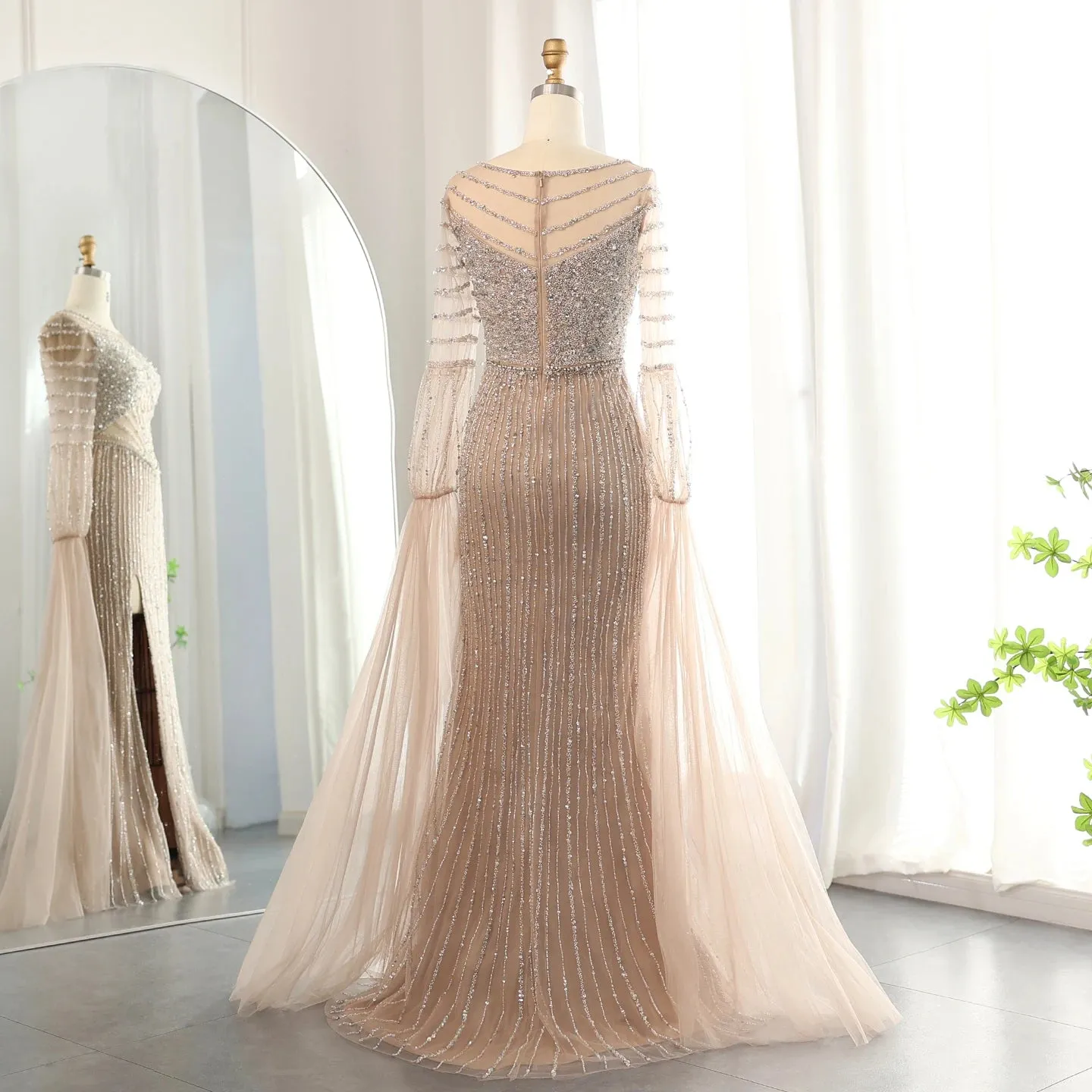 Crystal Beaded Cape Sleeve Evening Dress