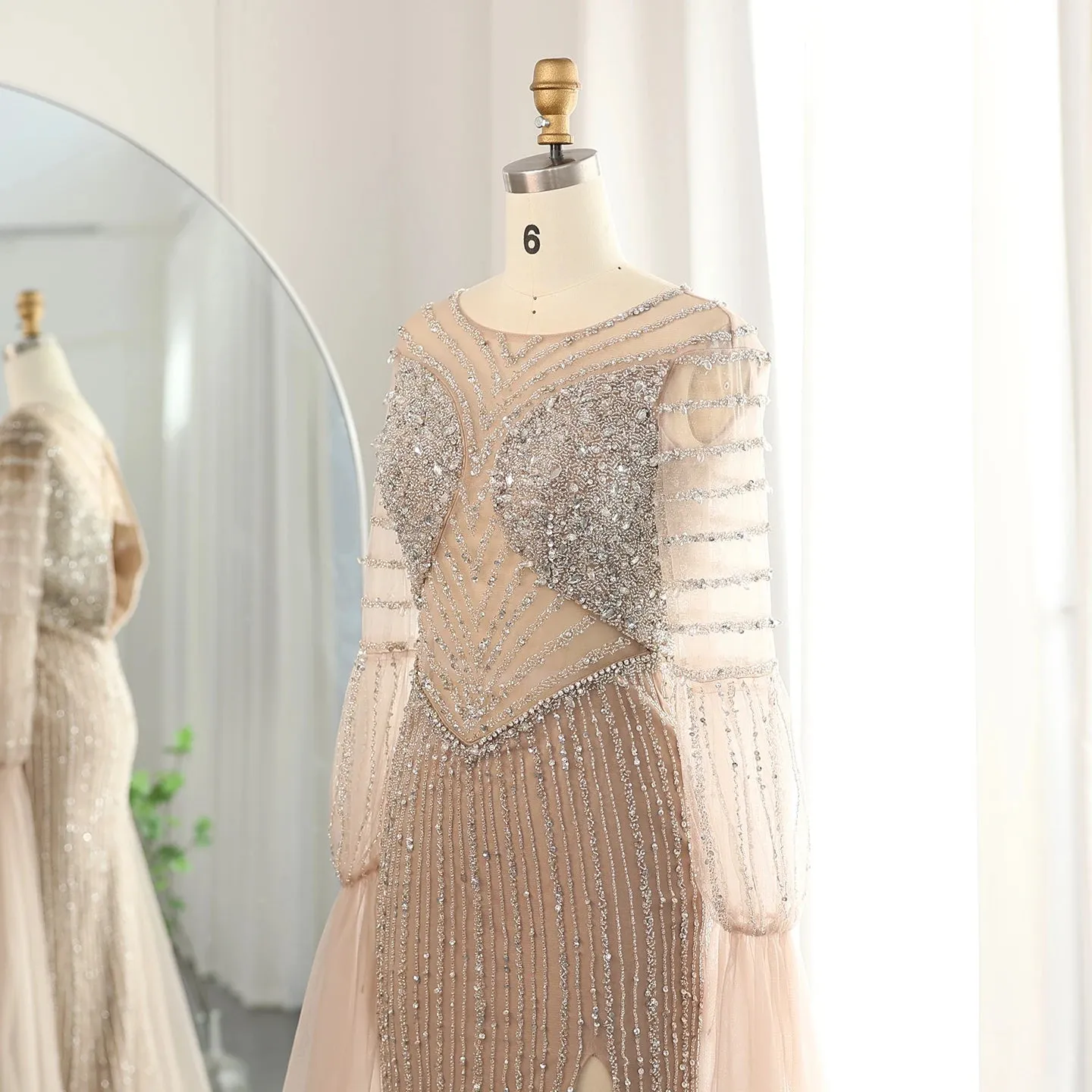 Crystal Beaded Cape Sleeve Evening Dress