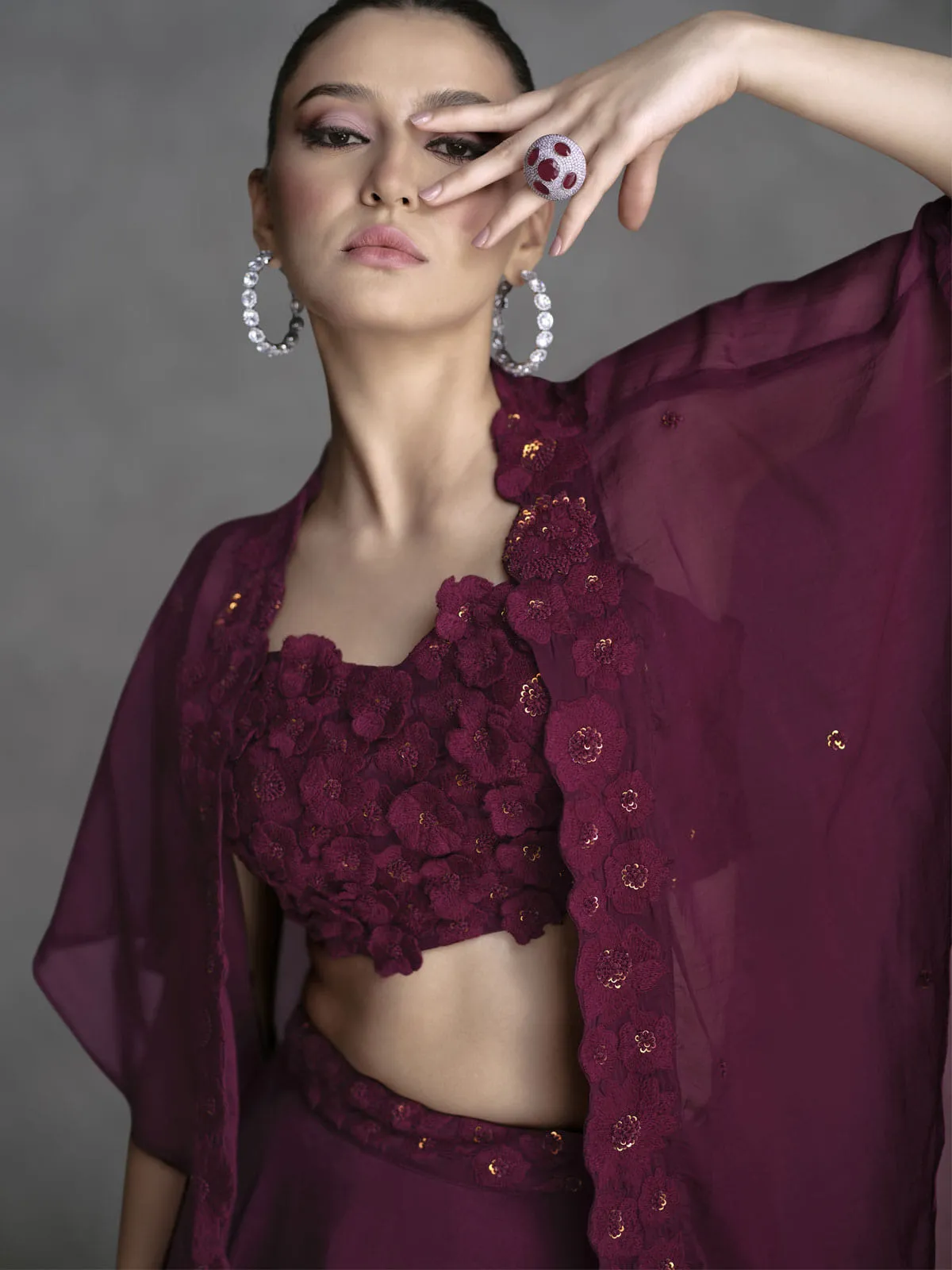 Deep Wine Appliqué Embroidered Cape Style Lehenga