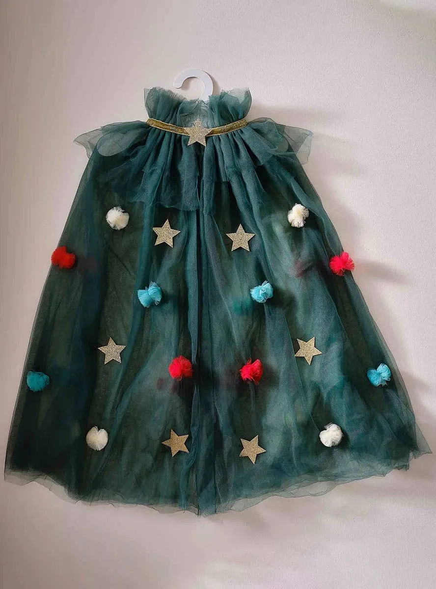 Deluxe Girls Green Mesh Christmas Cape with Pom Poms