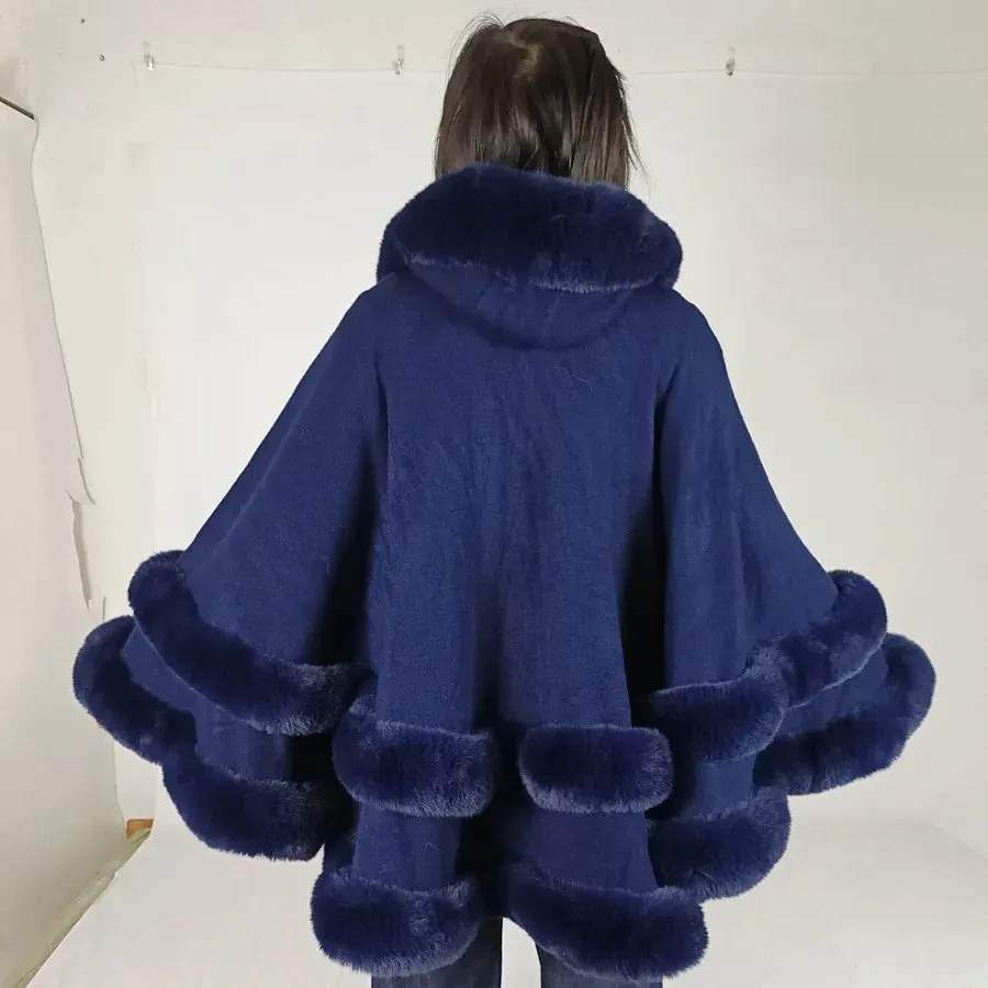 Double Layer Luxury Imitation Rabbit Fur Cape Coat Hooded Shawl Winter Women Poncho