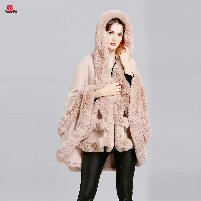 Double Layer Luxury Imitation Rabbit Fur Cape Coat Hooded Shawl Winter Women Poncho