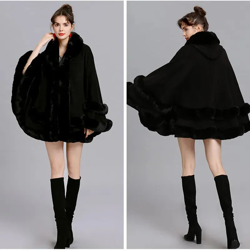 Double Layer Luxury Imitation Rabbit Fur Cape Coat Hooded Shawl Winter Women Poncho