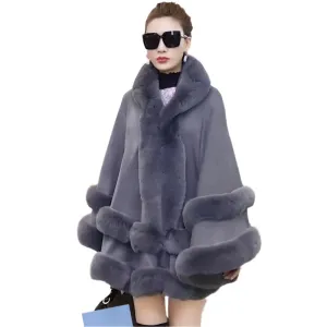 Double Layer Luxury Imitation Rabbit Fur Cape Coat Hooded Shawl Winter Women Poncho