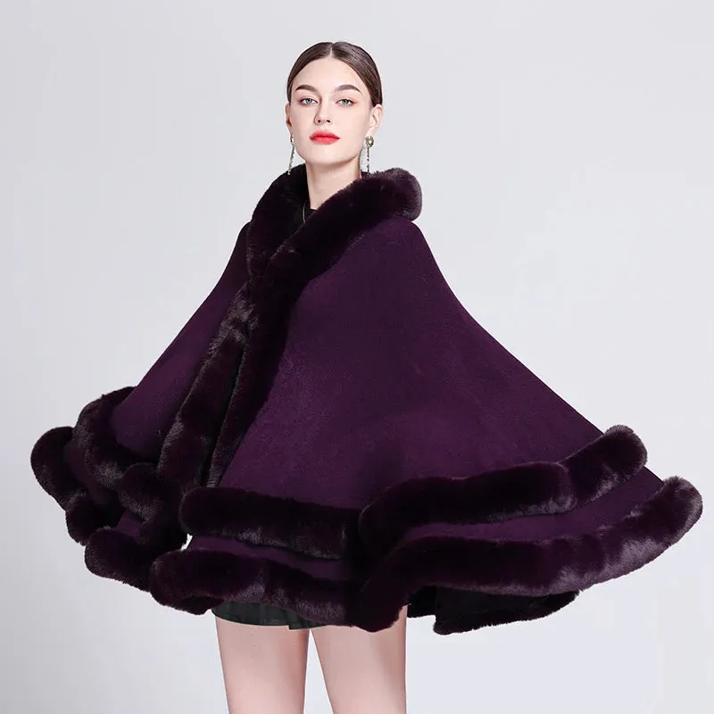 Double Layer Luxury Imitation Rabbit Fur Cape Coat Hooded Shawl Winter Women Poncho