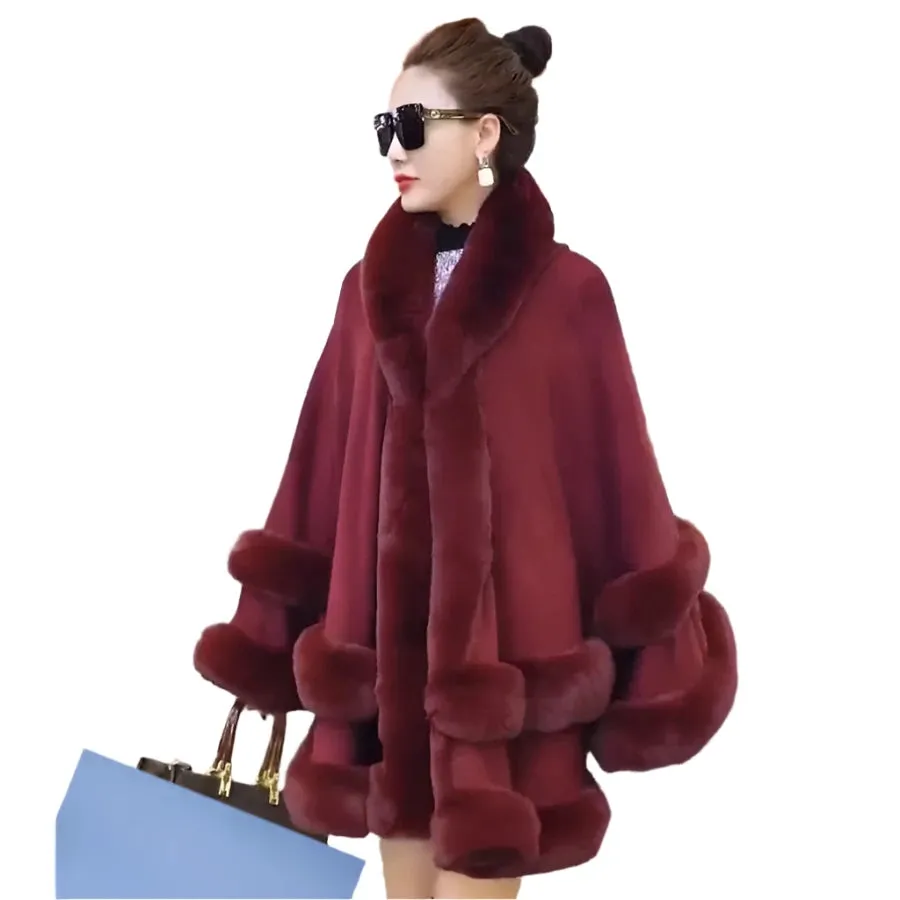 Double Layer Luxury Imitation Rabbit Fur Cape Coat Hooded Shawl Winter Women Poncho