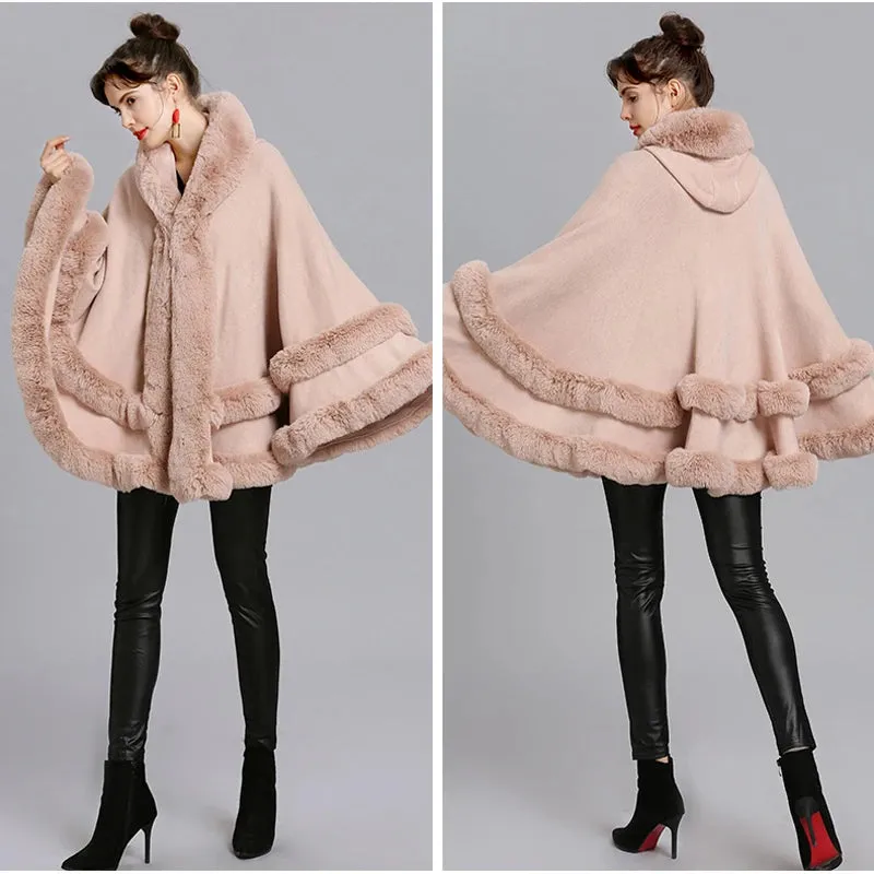 Double Layer Luxury Imitation Rabbit Fur Cape Coat Hooded Shawl Winter Women Poncho