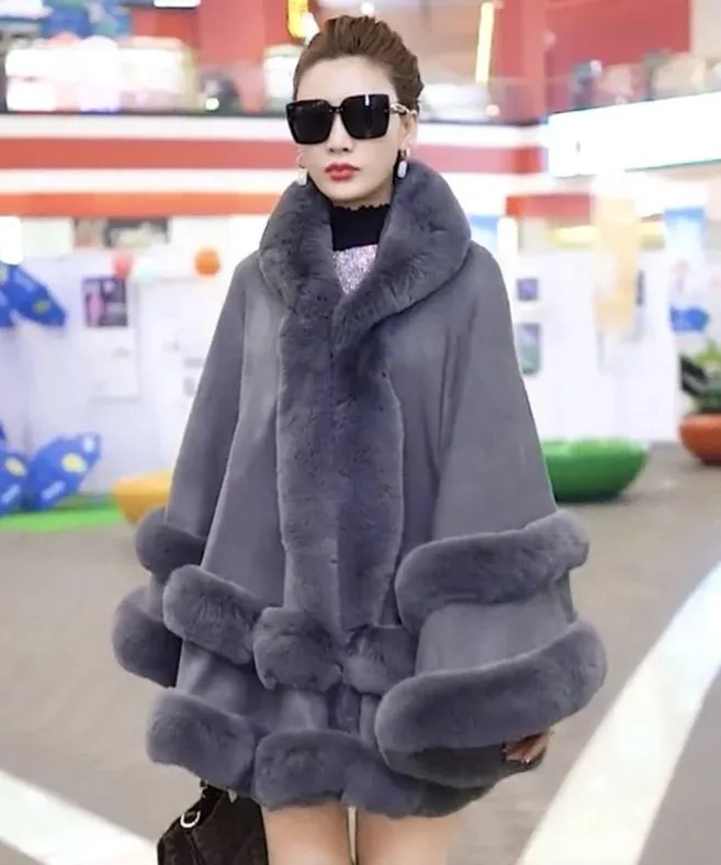 Double Layer Luxury Imitation Rabbit Fur Cape Coat Hooded Shawl Winter Women Poncho