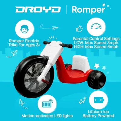 Droyd Romper Electric Trike for Kids 24V 2Ah Lithium Ion 50W Brushed 3 Miles 6 MPH Red New