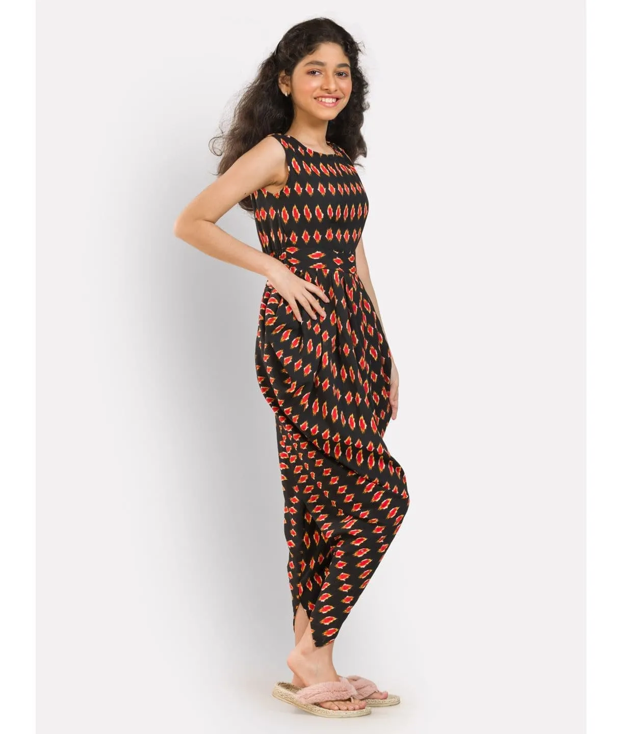 Elasticated Polka Print Dhoti Jumpsuit for Girls