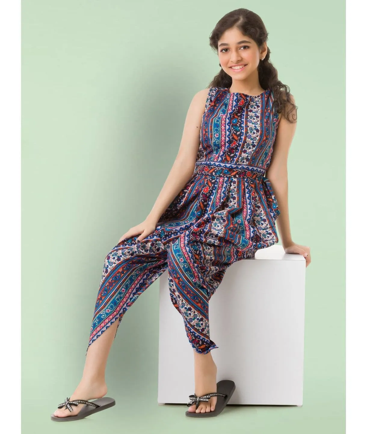 Elasticated Polka Print Dhoti Jumpsuit for Girls