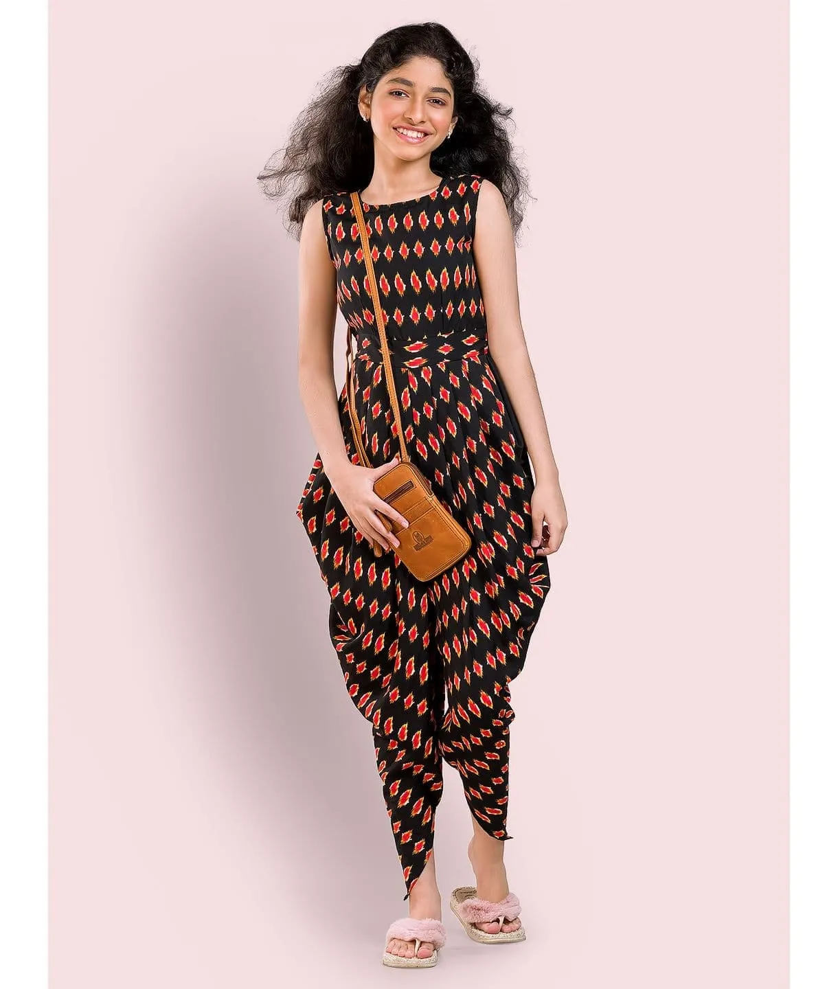 Elasticated Polka Print Dhoti Jumpsuit for Girls