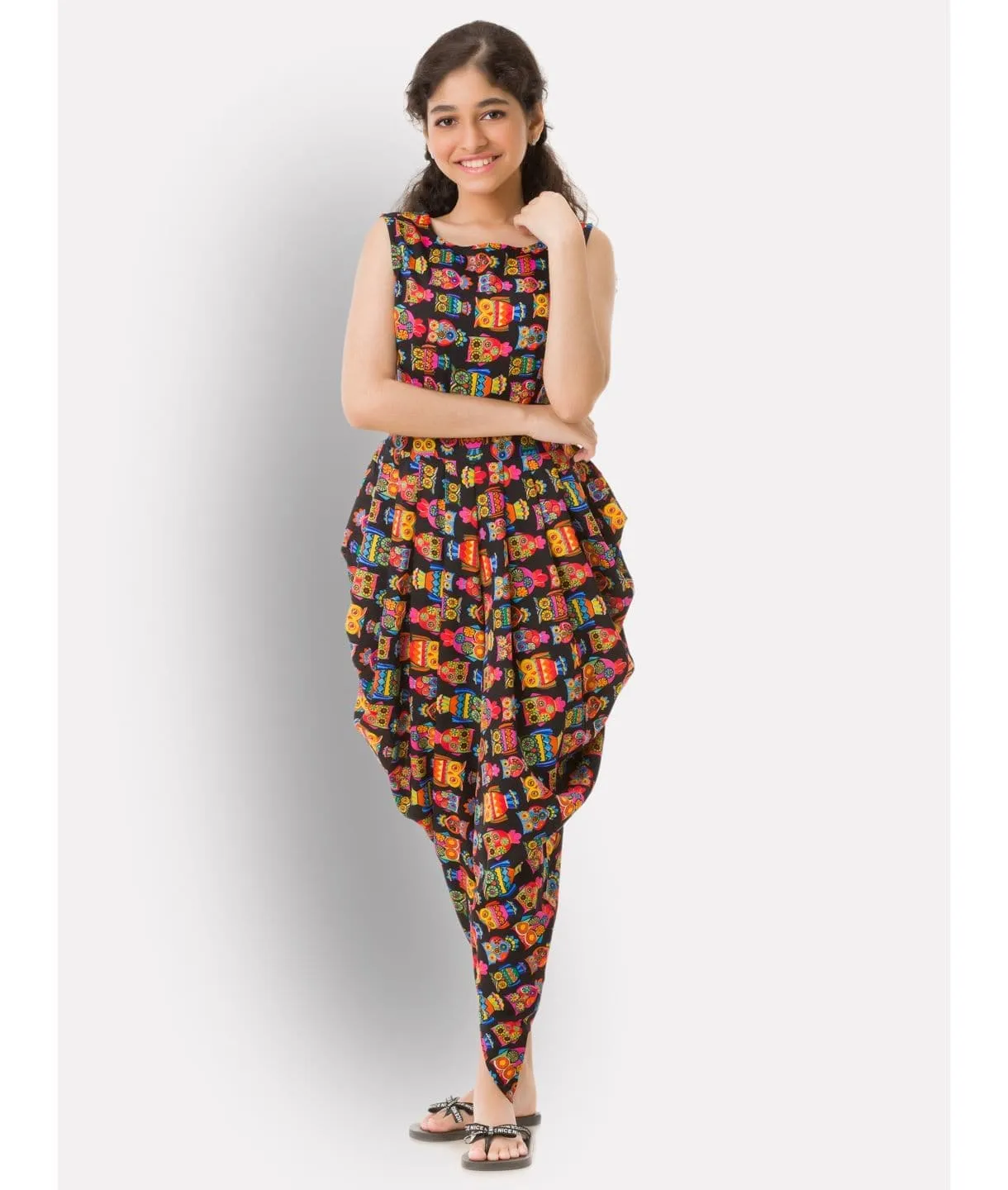 Elasticated Polka Print Dhoti Jumpsuit for Girls