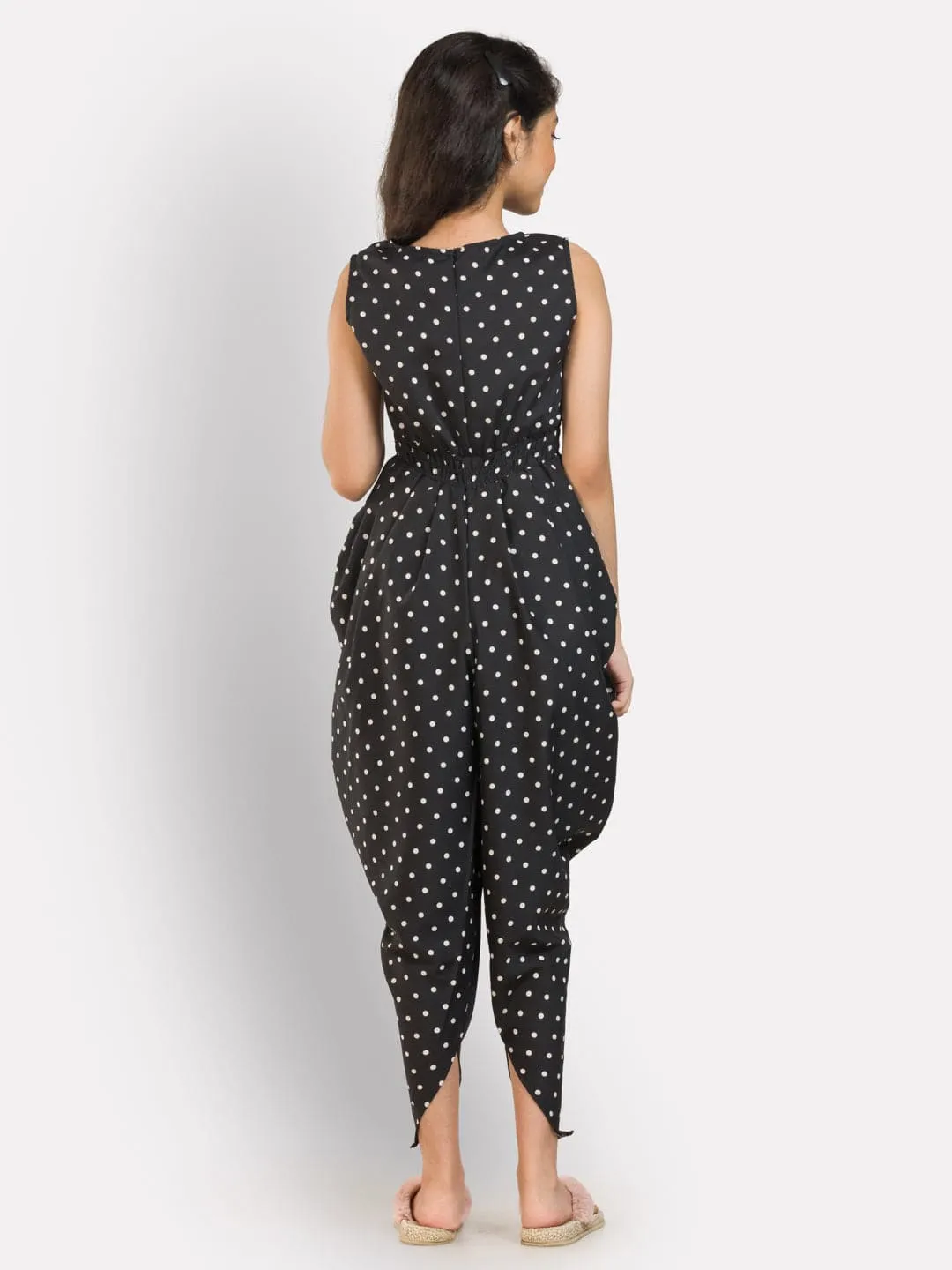 Elasticated Polka Print Dhoti Jumpsuit for Girls