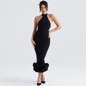 Enchanting Ruffle Hem Sleeveless Bodycon Cocktail Midi Dress - Black