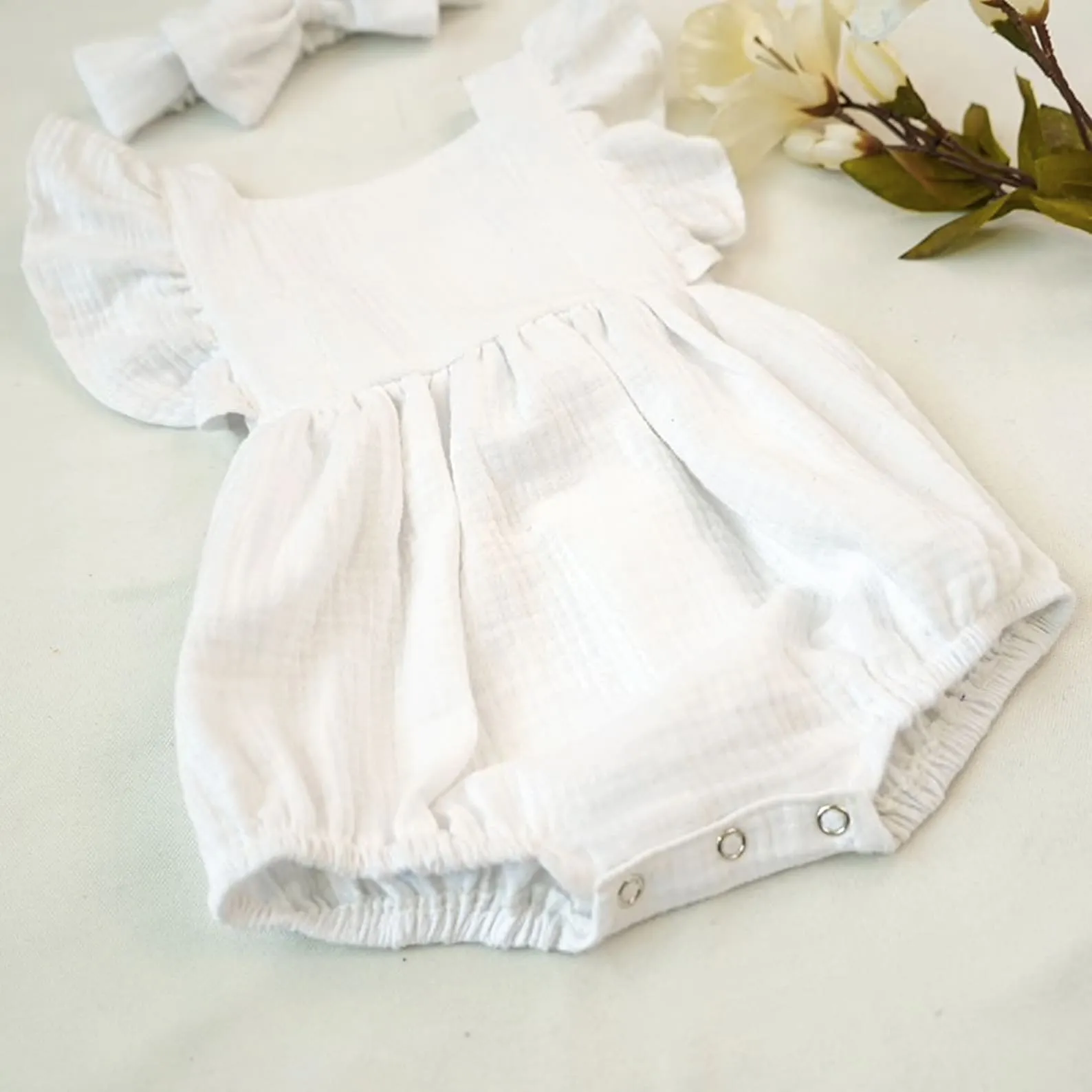 First Birthday Cake Smash Outfit Girl, Simple White Bubble Romper of 100% Cotton Muslin