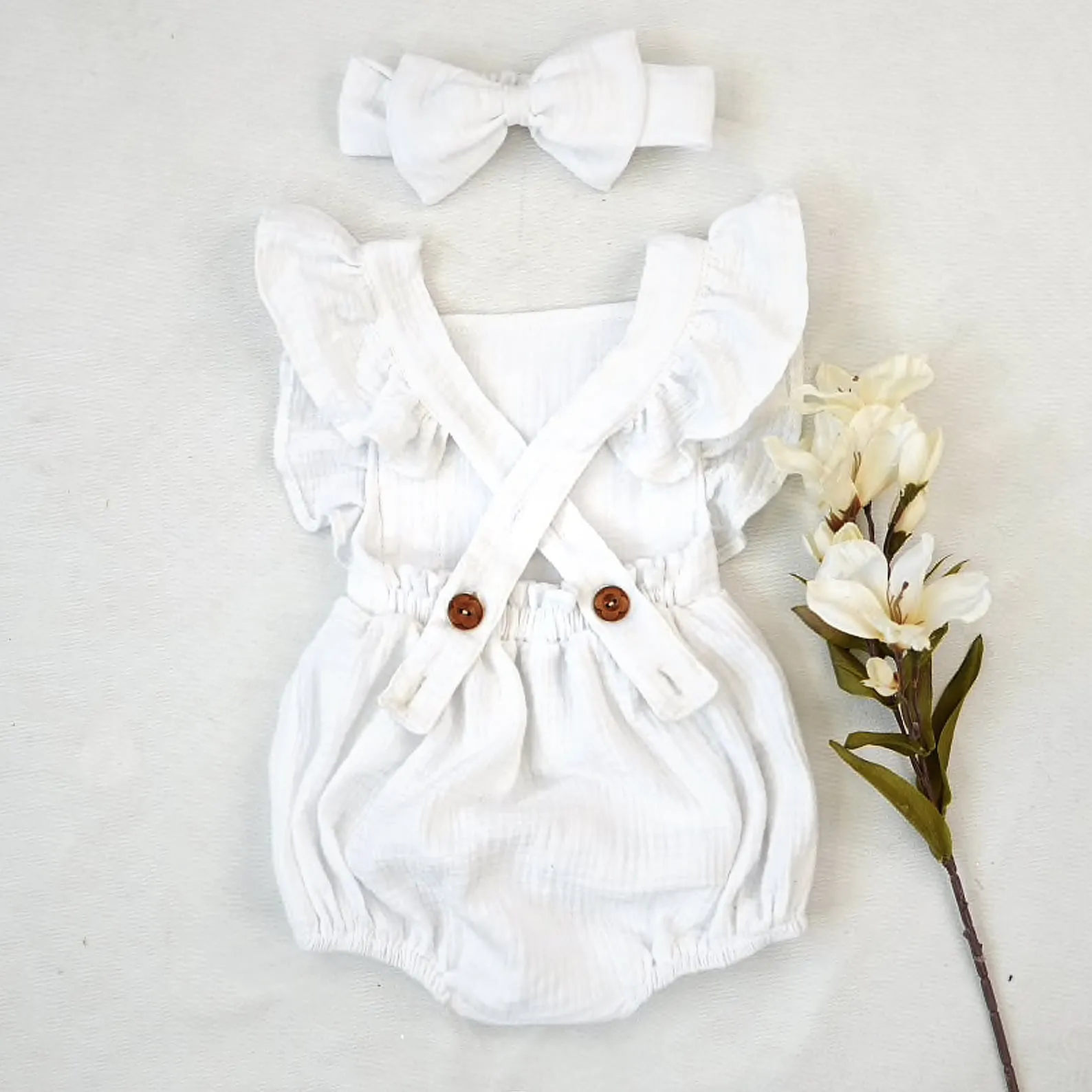 First Birthday Cake Smash Outfit Girl, Simple White Bubble Romper of 100% Cotton Muslin