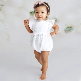 First Birthday Cake Smash Outfit Girl, Simple White Bubble Romper of 100% Cotton Muslin