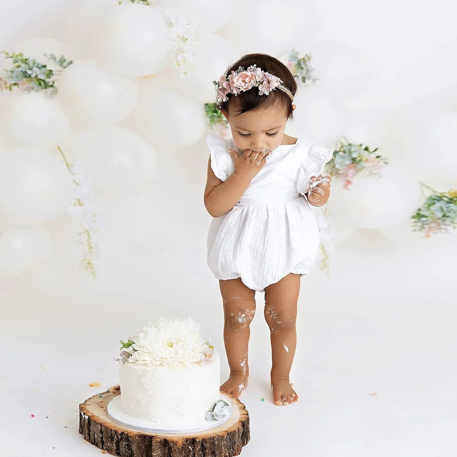 First Birthday Cake Smash Outfit Girl, Simple White Bubble Romper of 100% Cotton Muslin