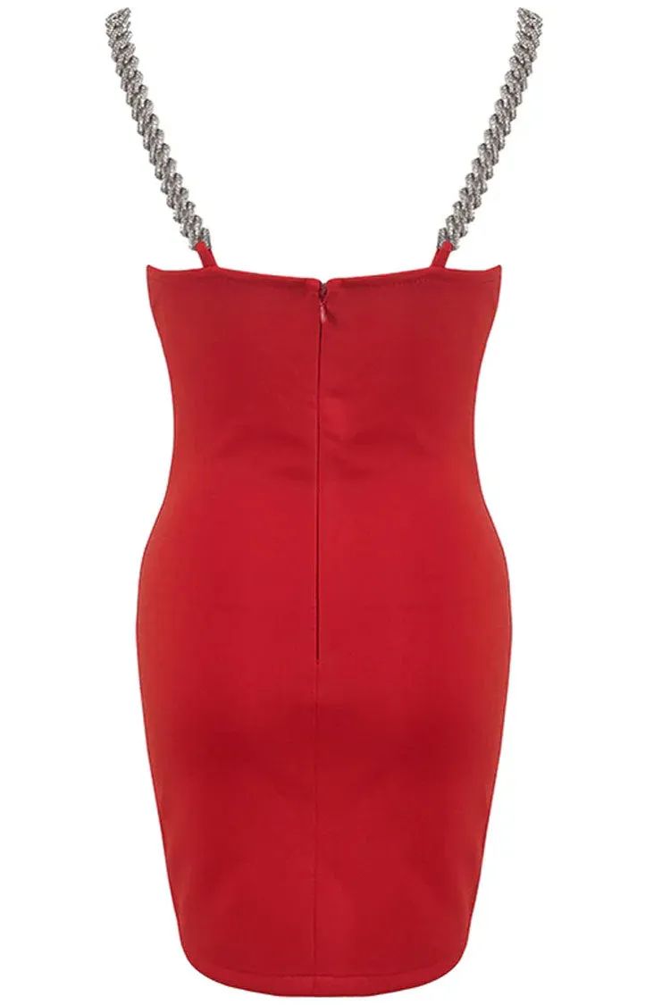 Flame V Neck Chain Strap Bodycon Party Mini Dress - Red