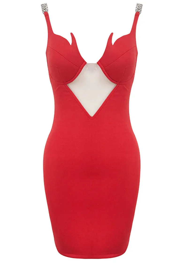 Flame V Neck Chain Strap Bodycon Party Mini Dress - Red