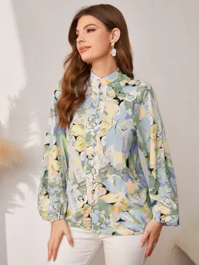 Floral Button Front Balloon Sleeve Shirt